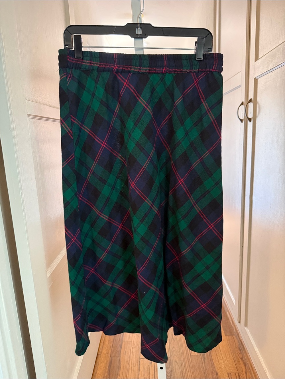 Green & Navy Plaid Midi Skirt with Red Accent